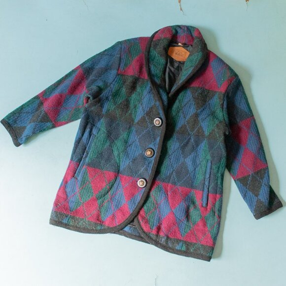 Woolrich Vintage Wool Knit Aztec Argyle Print Blanket Coat Size Large